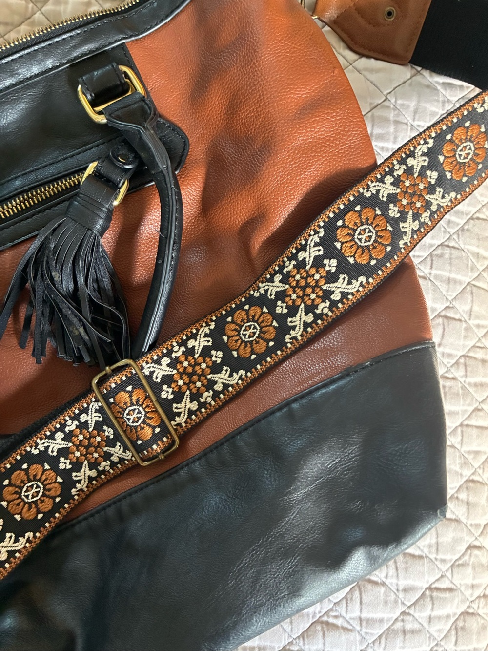 Steve Madden Brown and Black Leather Tote with Patterned Adjustable Strap - Picture 8 of 8